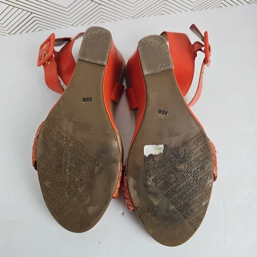 BCBGeneration Womens Orange Faux Leather Wedges US 8.5 Cork‎ Footbed PL-Bana